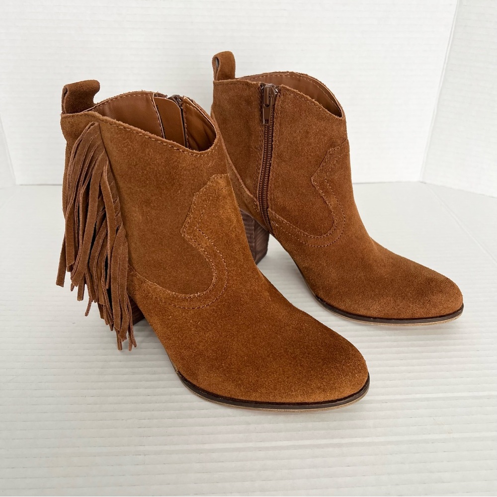 Brown Suede Fringe Ankle Boots Block Heel Size 6.5 Boho Renfest Western Cowgirl